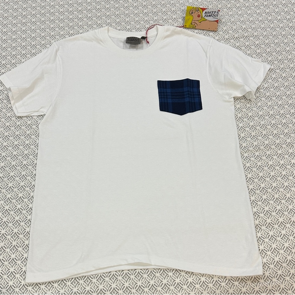 Naked and Famous White T-Shirt with Blue Plaid Pocket